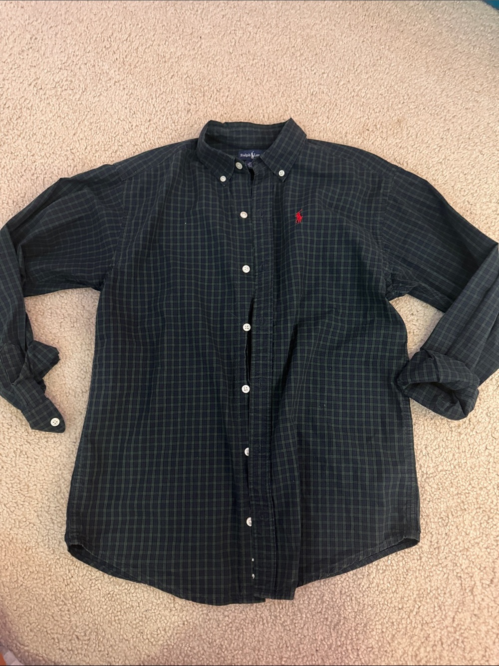 Ralph Lauren Dark Green and Navy Plaid Button-Down Shirt with Red Pony